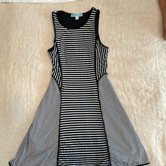 Dresses & Skirts - Sleeveless Striped Black and White Fit and Flare High Neck Dress